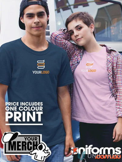 Two people showing off custom-printed T-shirts in comfy combed cotton workwear