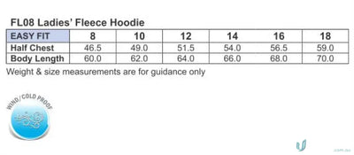Ladies fleece hoodie size chart for MOQ1000 Printed LADIES Hoodie workwear uniforms