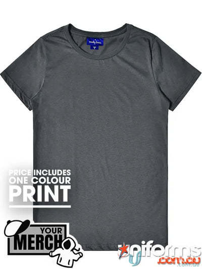 Gray crew neck t-shirt from MOQ1000 Printed LADIES Tee, perfect for workwear or uniforms