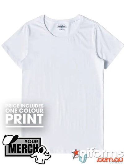 White crew neck T-shirt from MOQ1000 Printed LADIES Tee, perfect for uniforms or workwear