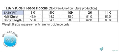 Kids fleece hoodie size chart for MOQ1000 Printed YOUTH Hoodie, perfect for uniforms or workwear