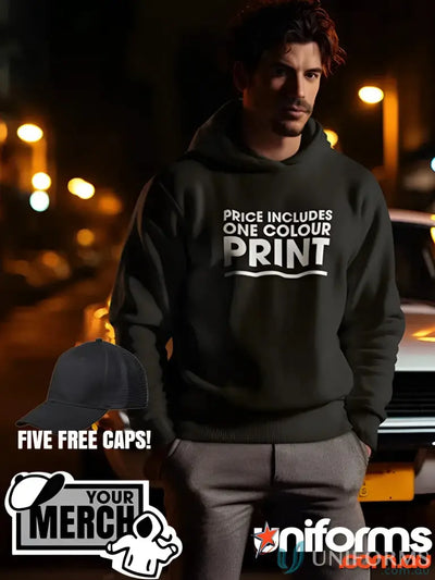 Black fleecy hoodie with white text, perfect for uniforms or workwear from MOQ25
