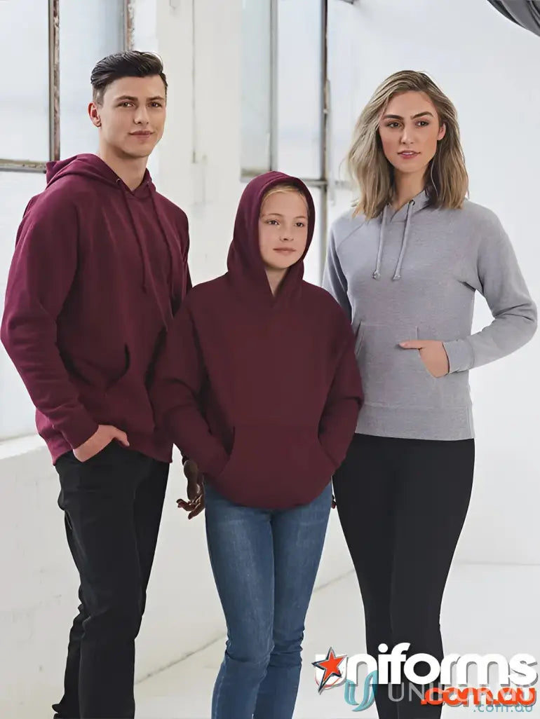 Three people wearing MOQ25 Printed YOUTH Hoodies, perfect workwear or uniforms