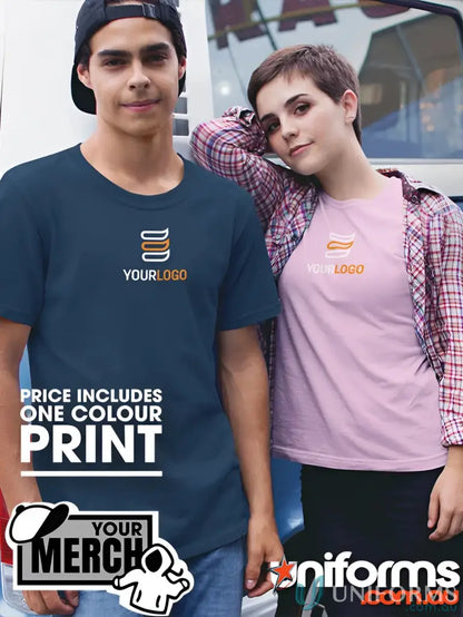 Two people wearing custom-printed MOQ25 Combed Cotton Youth T-shirts for uniforms or workwear