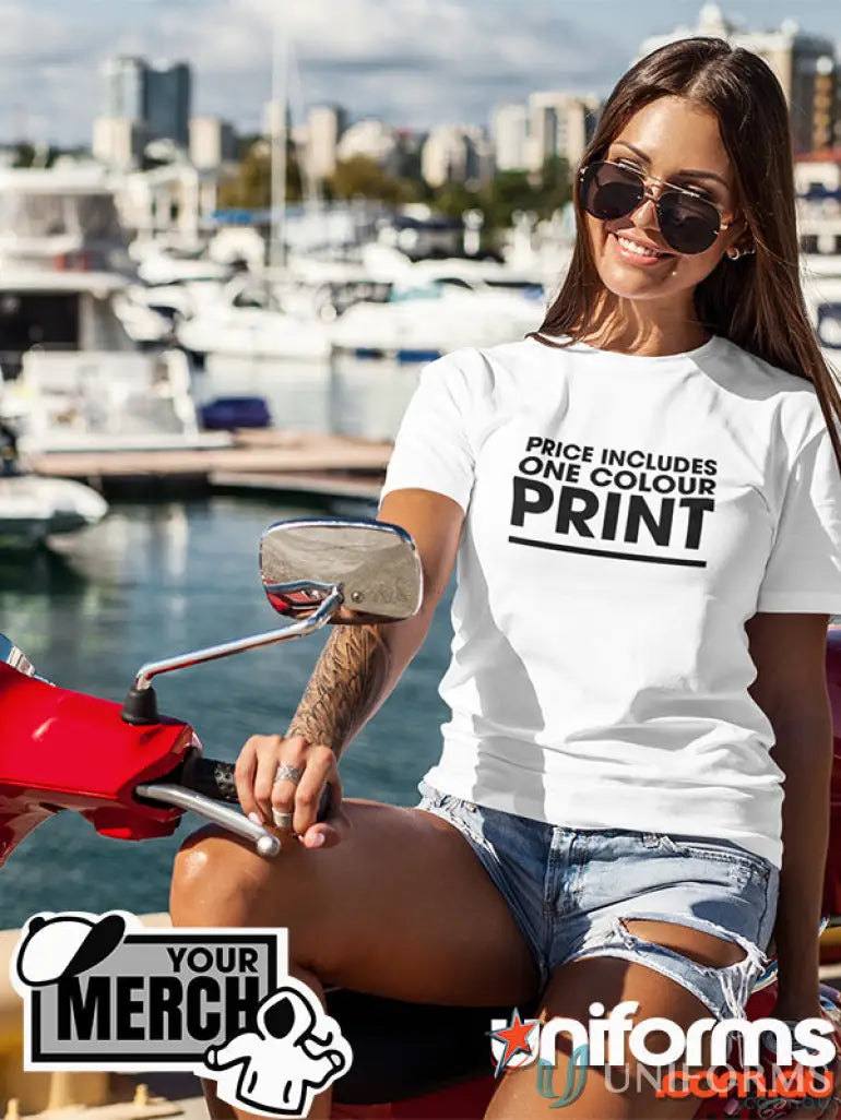 White MOQ250 Printed LADIES Tee with black print, perfect for work uniforms or uniforms