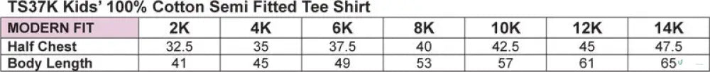 Kids tee shirt size chart for MOQ250 Printed YOUTH Tee made with comfy combed cotton