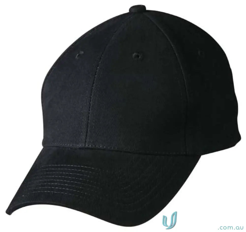 Black baseball cap in MOQ50 Embroidered Caps, made of heavy brushed cotton with embroidery price included