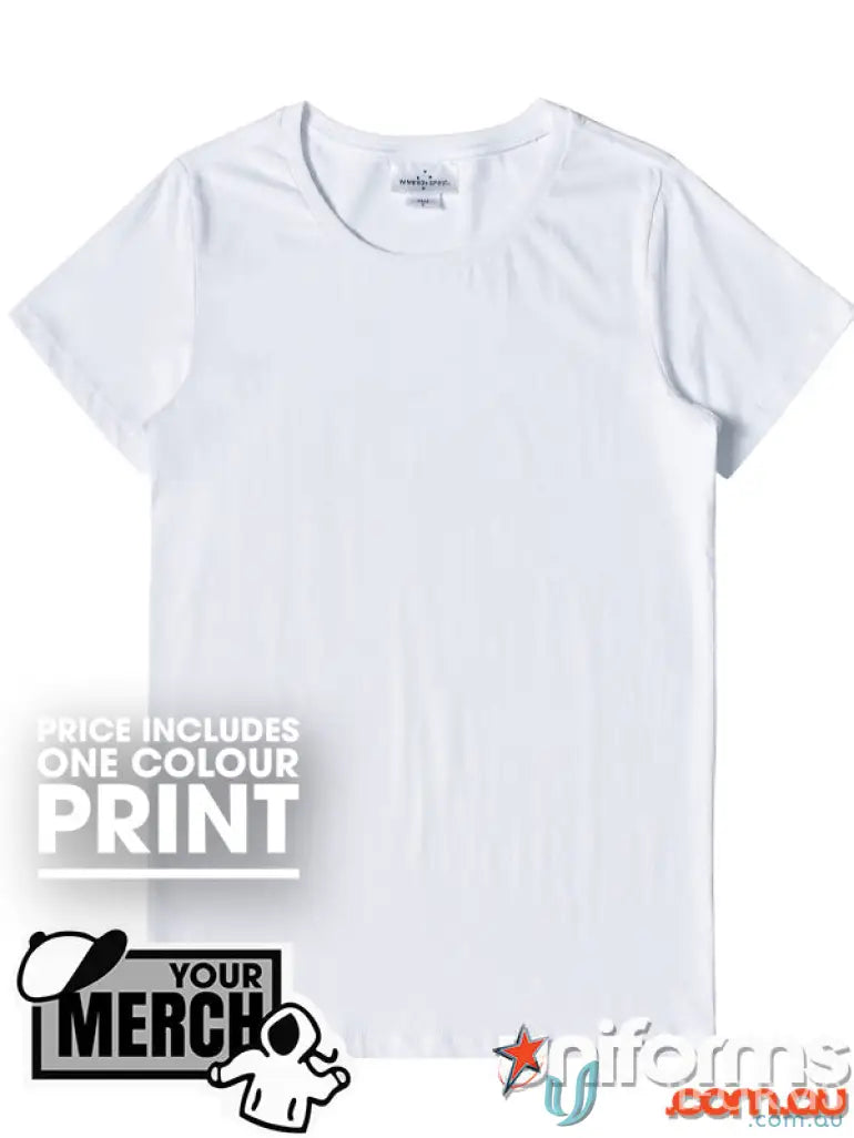 White crew neck t-shirt from MOQ50 Printed LADIES Tee, perfect for uniforms or workwear