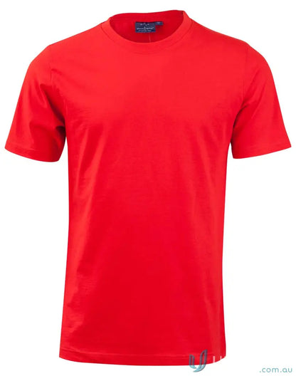 Red short-sleeved T-shirt made of combed cotton from MOQ50 Printed YOUTH Tee, perfect for uniforms or workwear