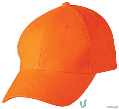 Bright orange baseball cap from MOQ500 includes embroidery and heavy brushed cotton