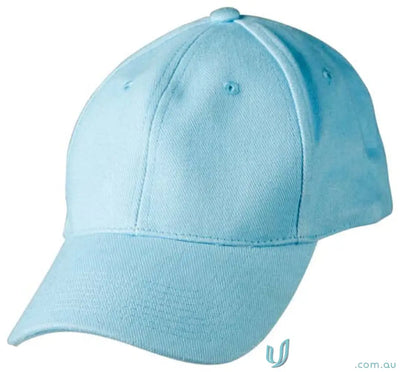 Light blue baseball cap from MOQ500 includes embroidery and is made of heavy brushed cotton