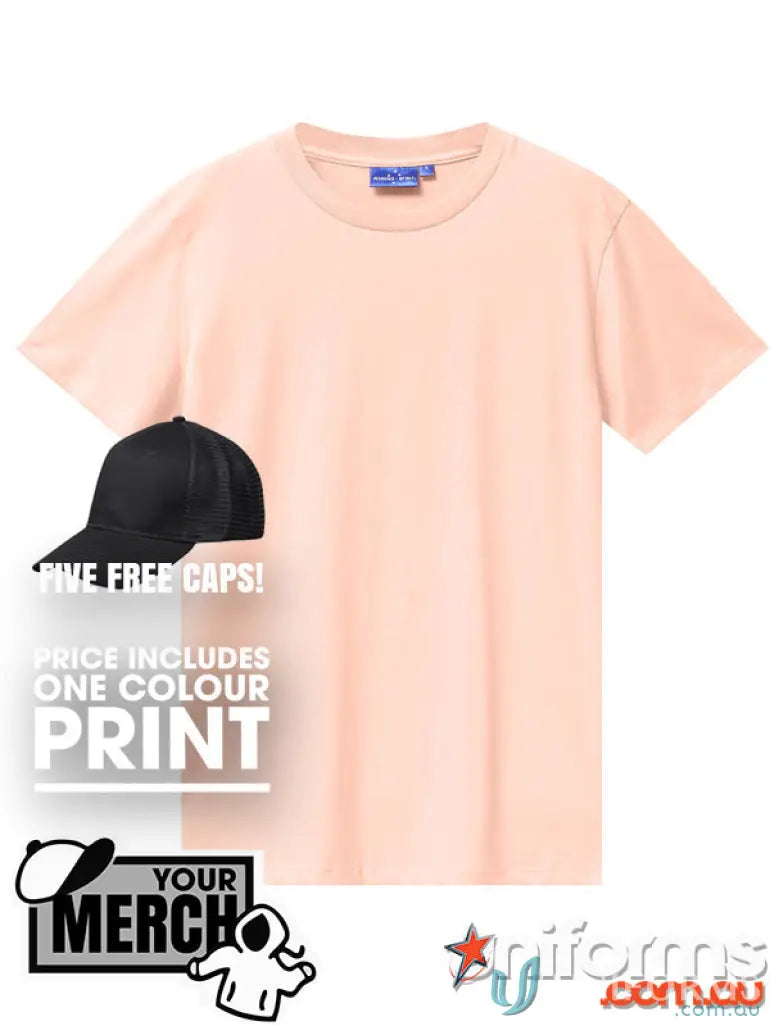 Peach-colored T-shirt from MOQ500 Printed ADULT Tee, perfect for uniforms or workwear