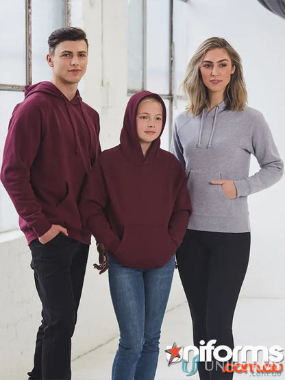 Three people wearing MOQ500 Printed Ladies Hoodie casual workwear uniforms