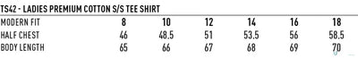 Ladies premium cotton tee shirt size chart for workwear, uniforms, and work uniforms