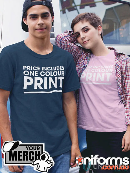 Two people wearing MOQ500 Printed YOUTH Tee made of soft combed cotton, perfect for uniforms and workwear