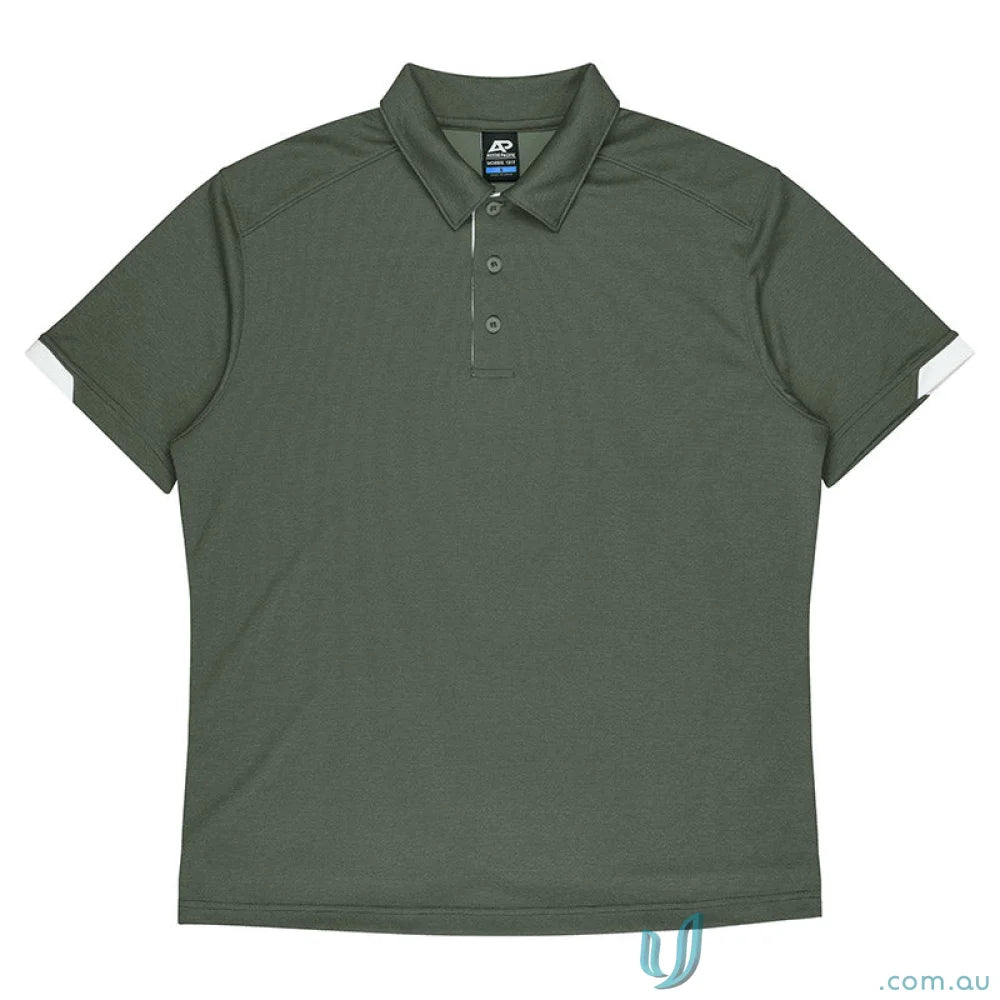 Dark olive green Morris Mens Polo shirt with textured fabric and white sleeve accents