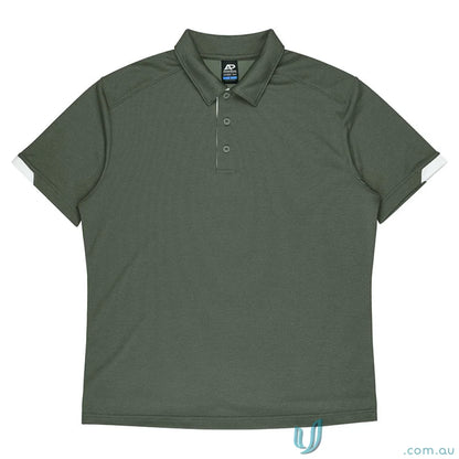Dark olive green Morris Mens Polo shirt with textured fabric and white sleeve accents