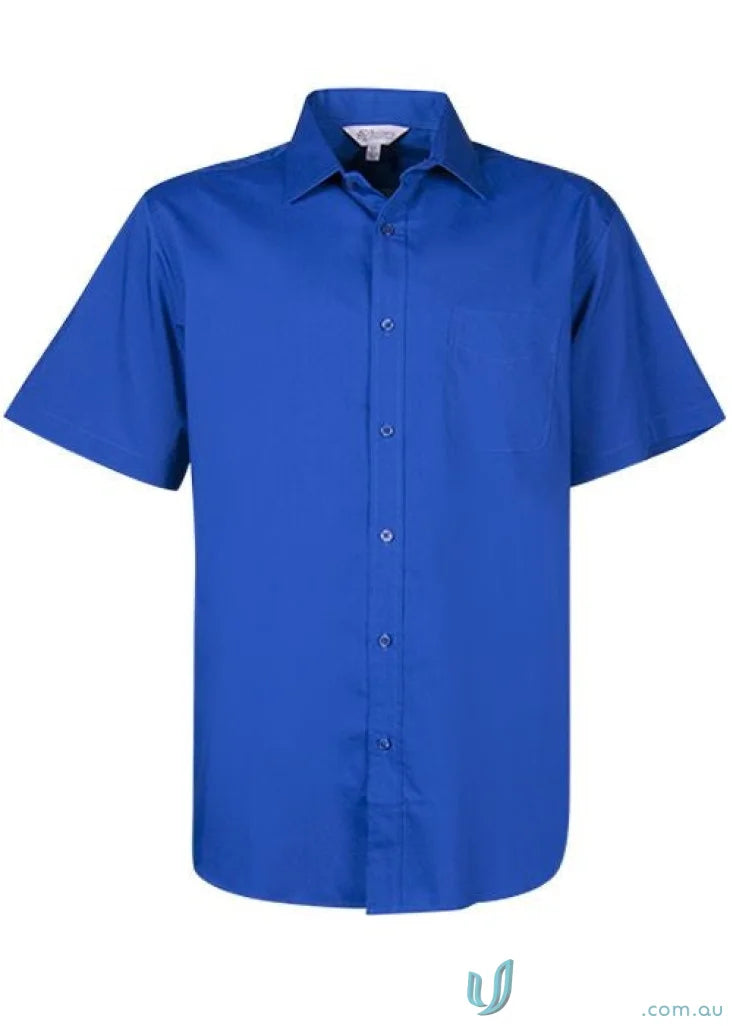 Blue short-sleeved button-down shirt from Mosman SS Shirt, perfect for uniforms and workwear