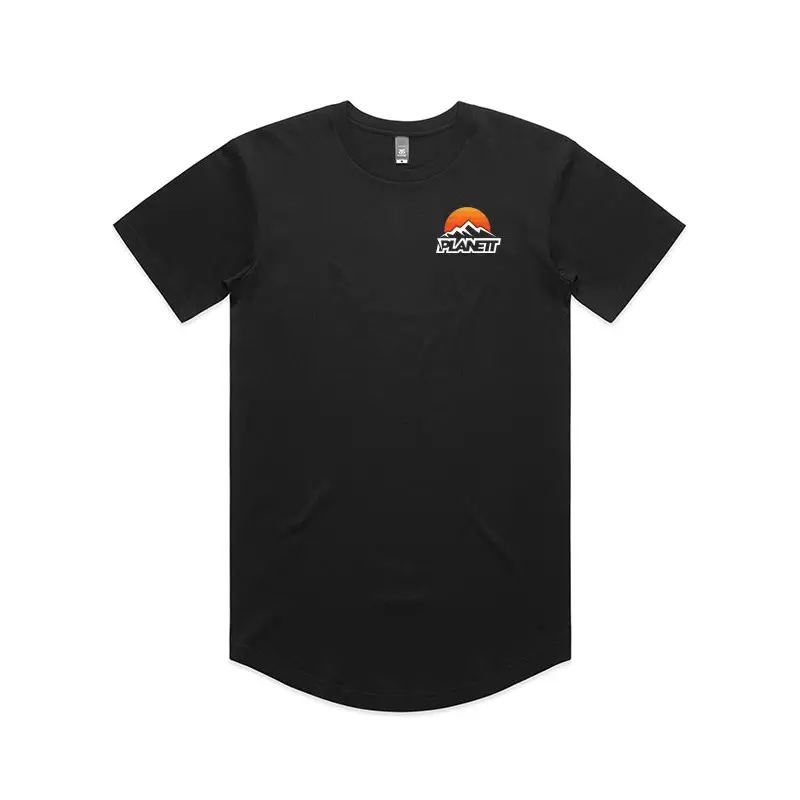 Black Mountain Curve Tee t-shirt with orange white logo, short sleeves, combed cotton