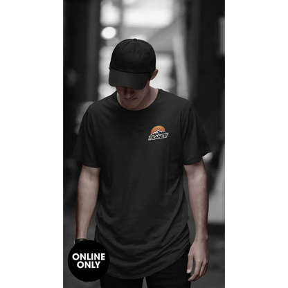 Black Mountain Curve Tee with sunset logo on combed cotton