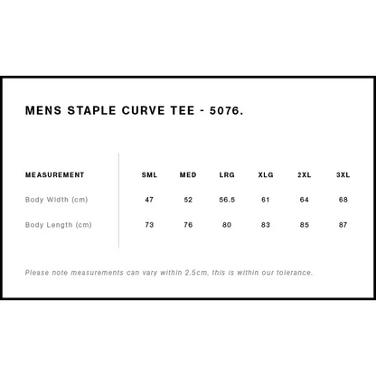 Mens Mountain Curve Tee 5076 black and white with size chart