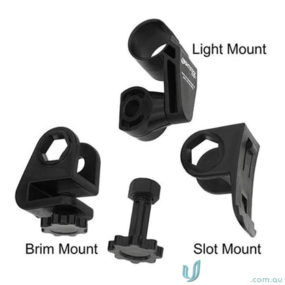 Black helmet mount accessory for accessory slot or brim mount on Multi-Angle Helmet Mount