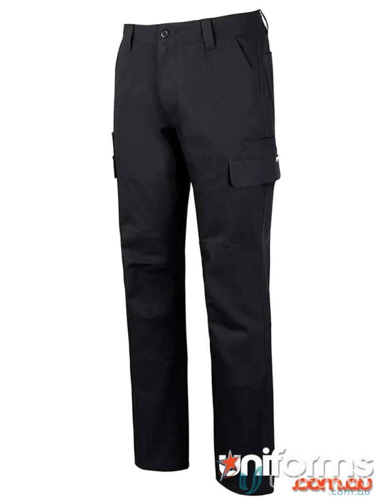 Black cargo pants with multiple pockets and a comfy stretch canvas leg fit