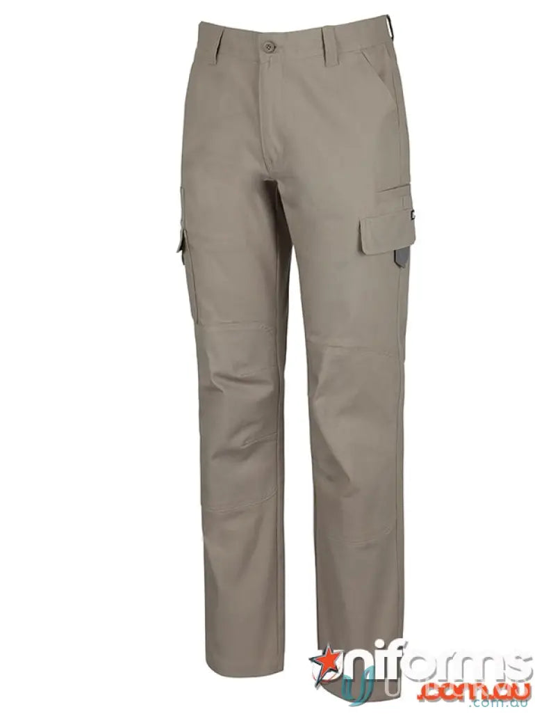 Khaki cargo pants with multiple pockets and stretch canvas for comfy fit on legs