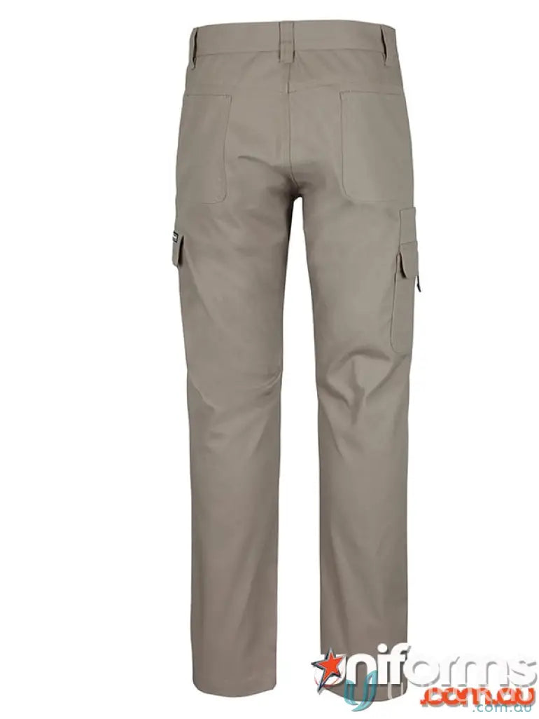 Khaki cargo pants with multiple pockets and stretch canvas detail on the leg
