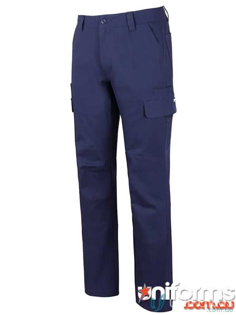 Navy blue cargo pants with multiple pockets and comfy stretch canvas on the leg