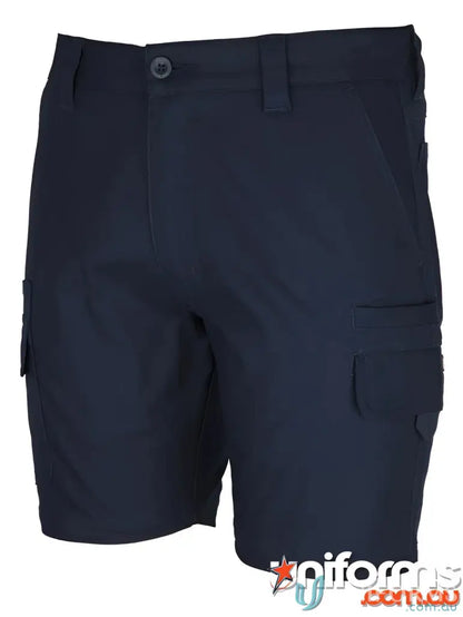 Navy blue cargo shorts with cargo pockets, YKK zipper, and webbing puller