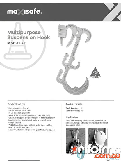 White multipurpose suspension hook for electrical leads and uniforms storage