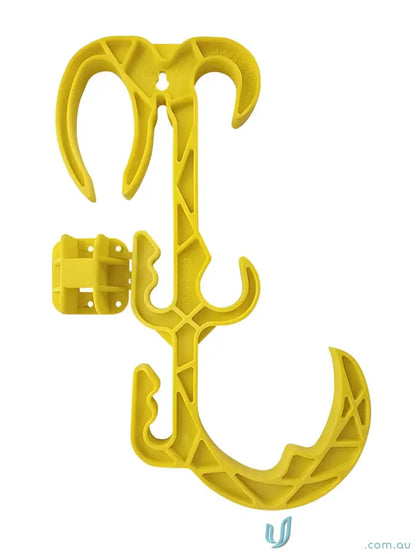 Yellow plastic suspension hook for organizing electrical leads and uniforms easily