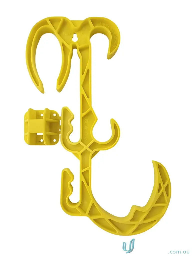 Yellow plastic suspension hook for organizing electrical leads and uniforms easily