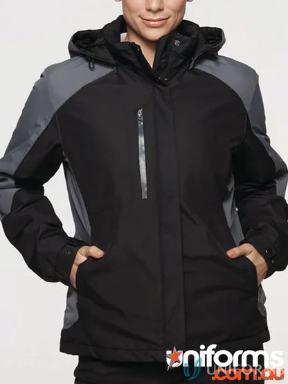 Napier Lady Jacket shows a black and gray padded lining coat with hood for everyone