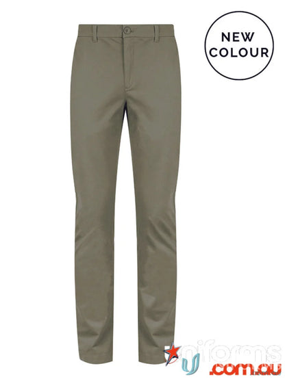 Khaki men’s chino pant featuring coin fob pocket and chain belt loop style