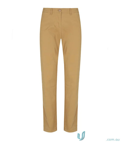 Tan-colored men’s chino pant with coin fob pocket and chain belt loop for casual flair