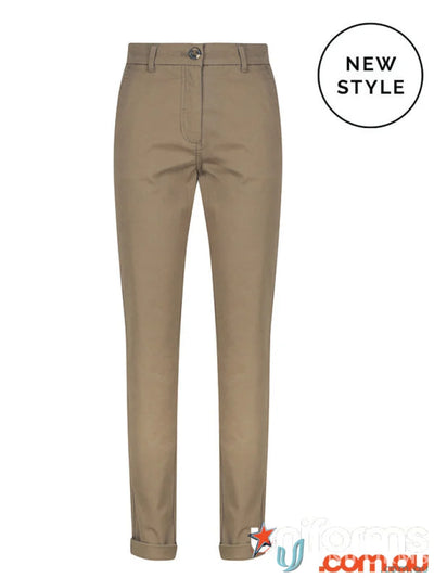 Khaki women’s modern chino pant with tapered leg for a sleek look