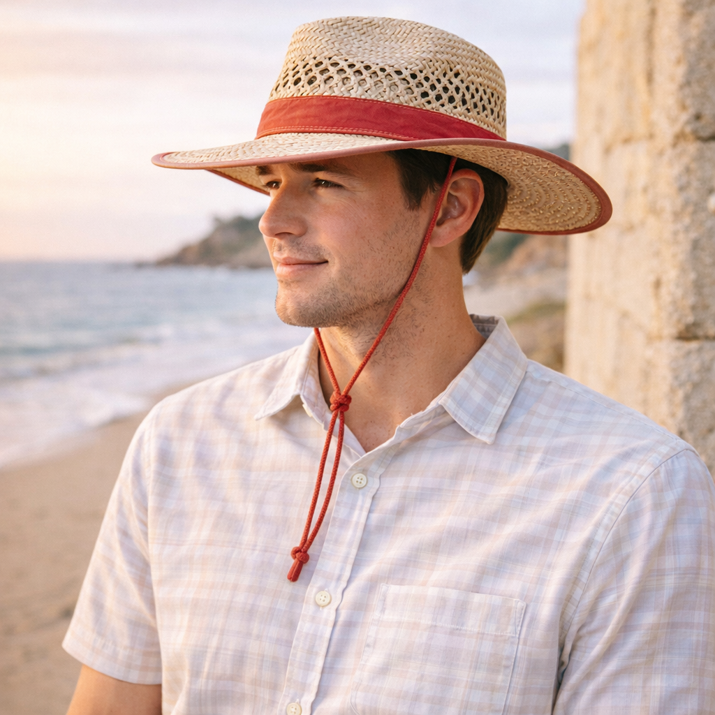 Natural straw hat with red band for uniforms, orange trim