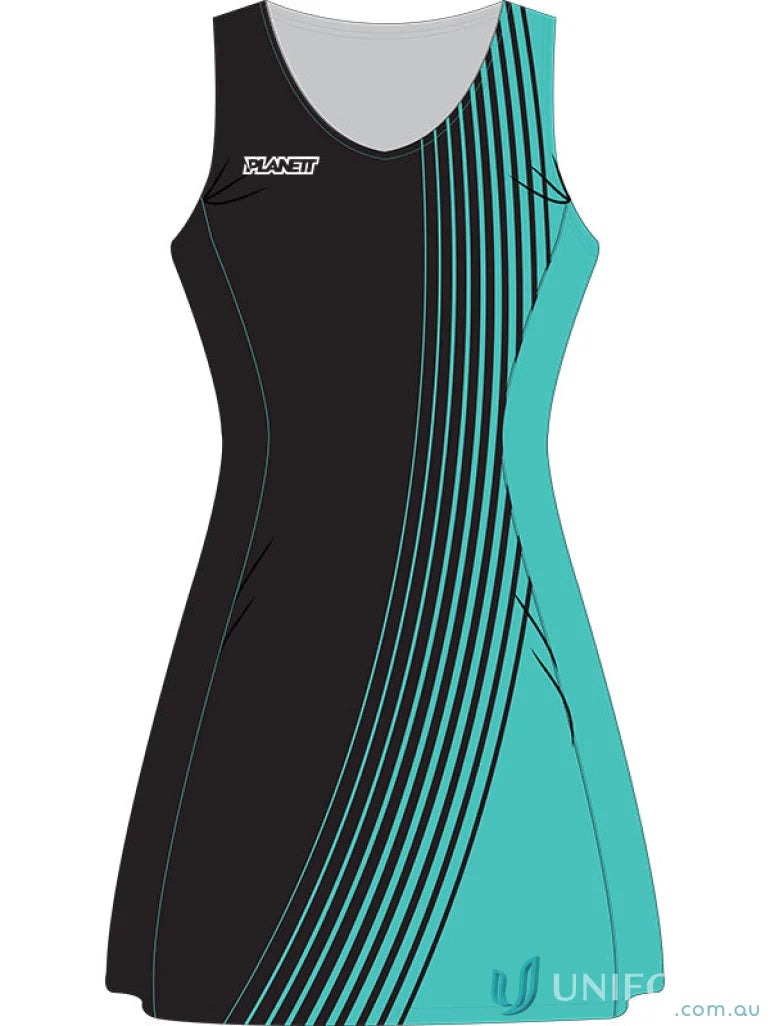 Sleeveless Black and Teal Netball Dress in Sports Fabric - NB105 Custom Made Sublimated