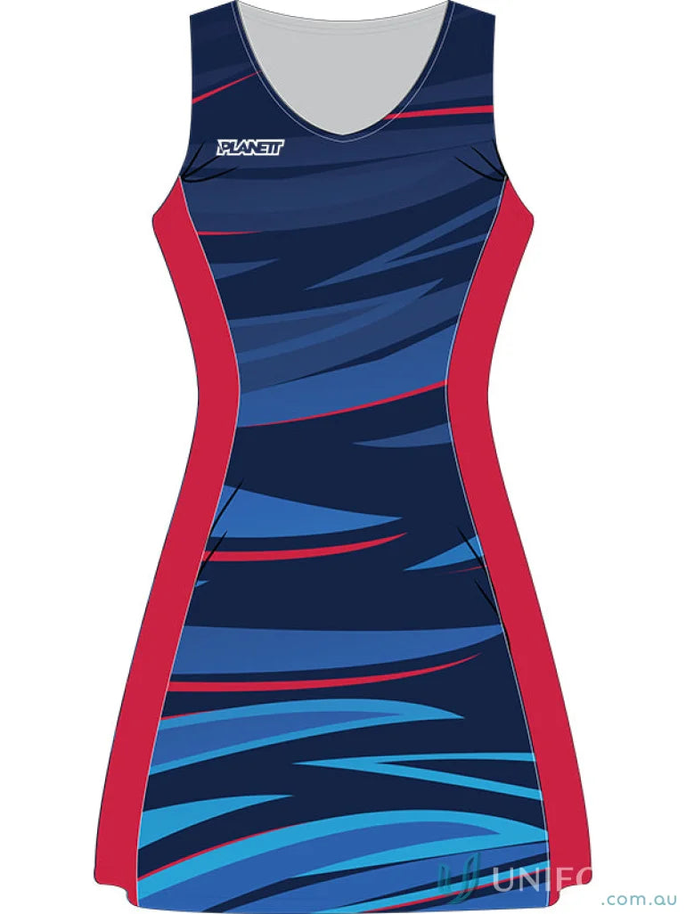 Sleeveless blue and red netball dress in custom made sublimated sports fabric NB106