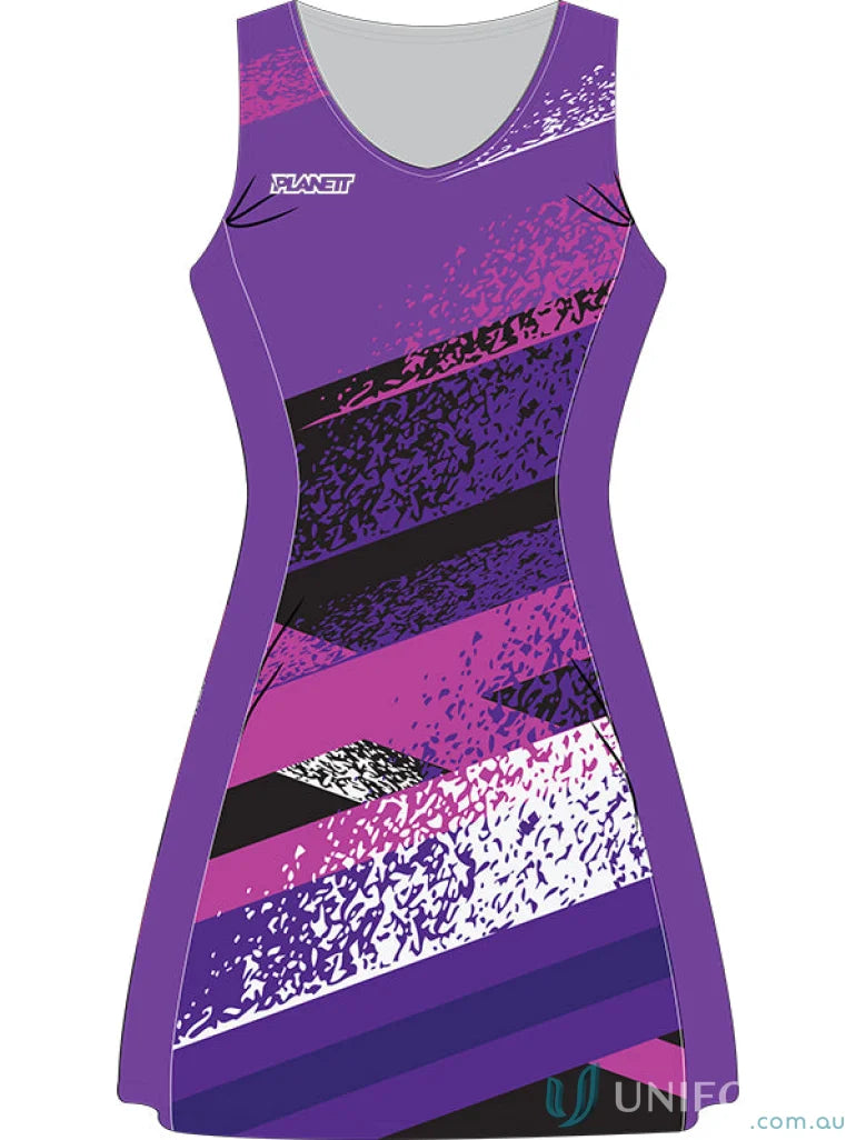 Purple patterned sleeveless NB108 custom made sublimated netball dress with button holes