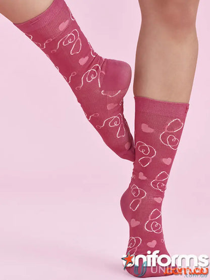 Pink happy feet comfort socks with heart and swirl patterns - NBCF CCS250U