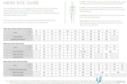 Men’s size guide chart for NBCF Unisex Pink V-Neck Scrub Pant, perfect pink scrub pant fit