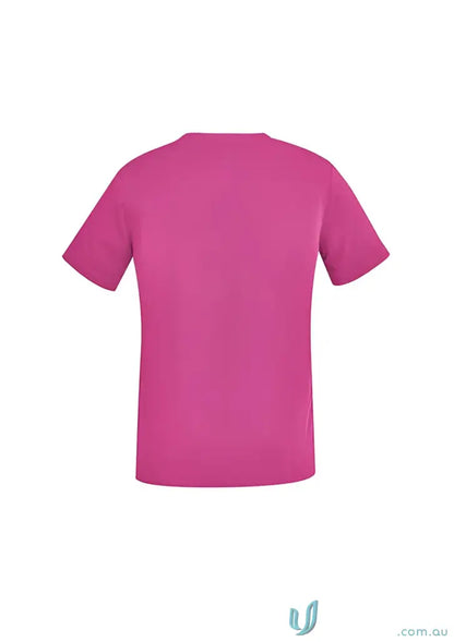 Fuchsia short-sleeved t-shirt styled as NBCF Unisex Pink V-Neck Scrub Top for comfort