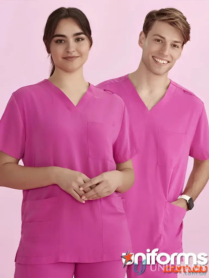 Matching pink medical scrubs, NBCF Unisex Pink V-Neck Scrub Top, perfect for healthcare pros
