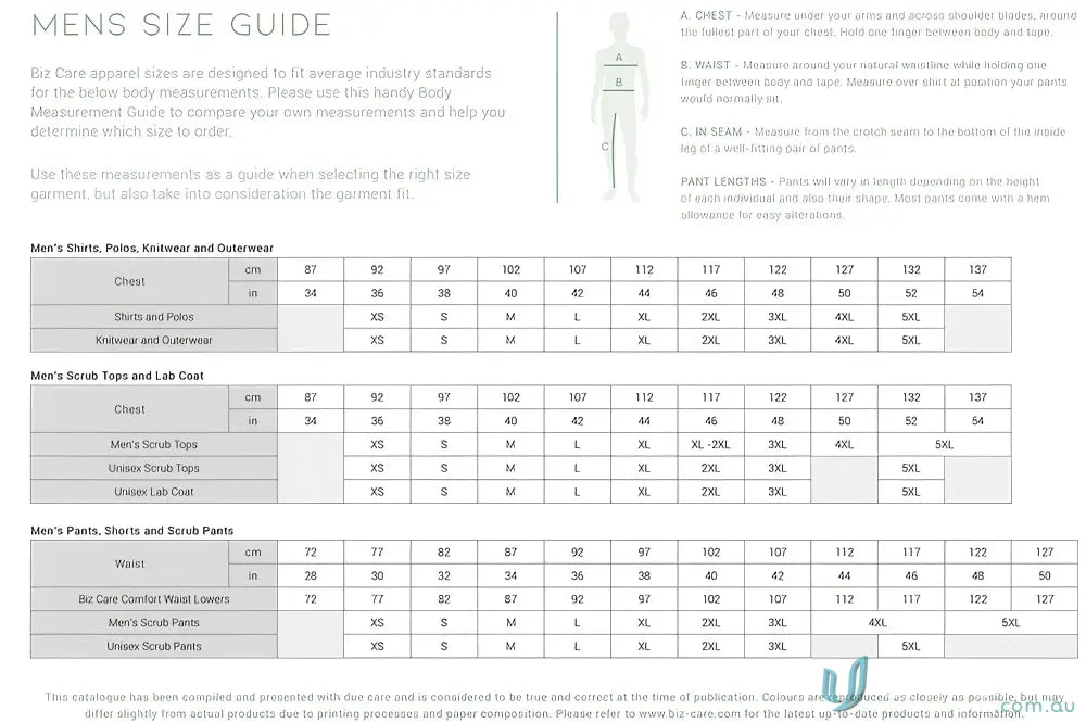 Men’s size guide chart for NBCF Unisex Pink V-Neck Scrub Top C-ST250US