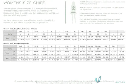 Women’s size guide chart for NBCF Womens Pink V-Neck Scrub Pant and pink jogger scrub
