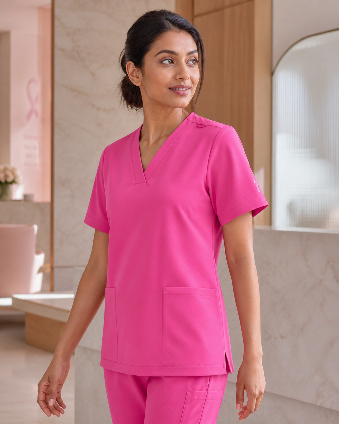 NBCF Womens Pink V-Neck Scrub Top