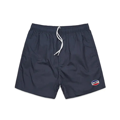 Navy blue Nemesis Beach Shorts with drawstring and planet logo